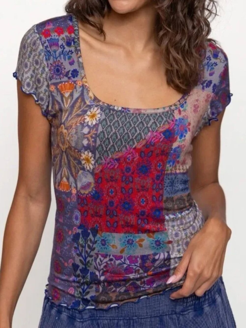 Natural Life Devon "ButterSoft" Short Sleeve Top - Blue Patchwork XL